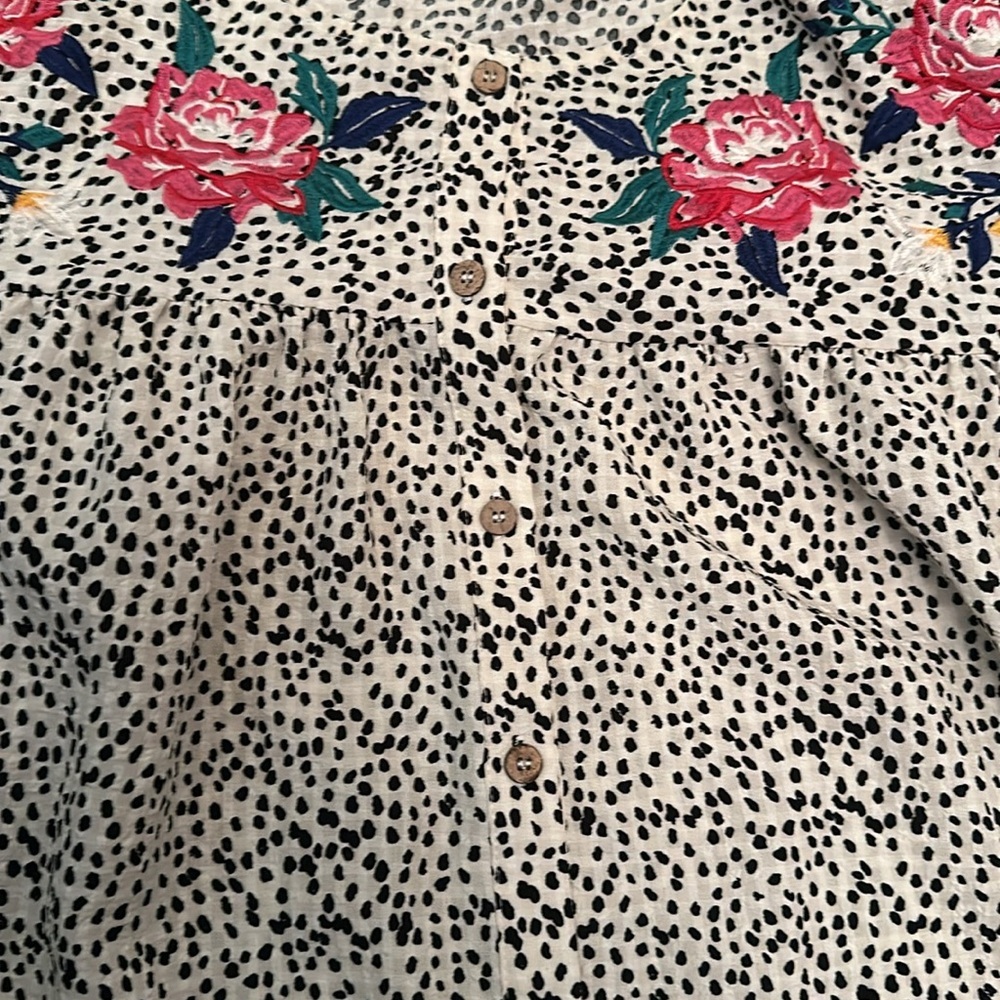 Oddy Women’s Black Spotted Button Down Oversized Blouse Floral Embroidery Medium - Picture 4 of 8